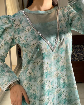 Blue Floral Plazo Set-3pc